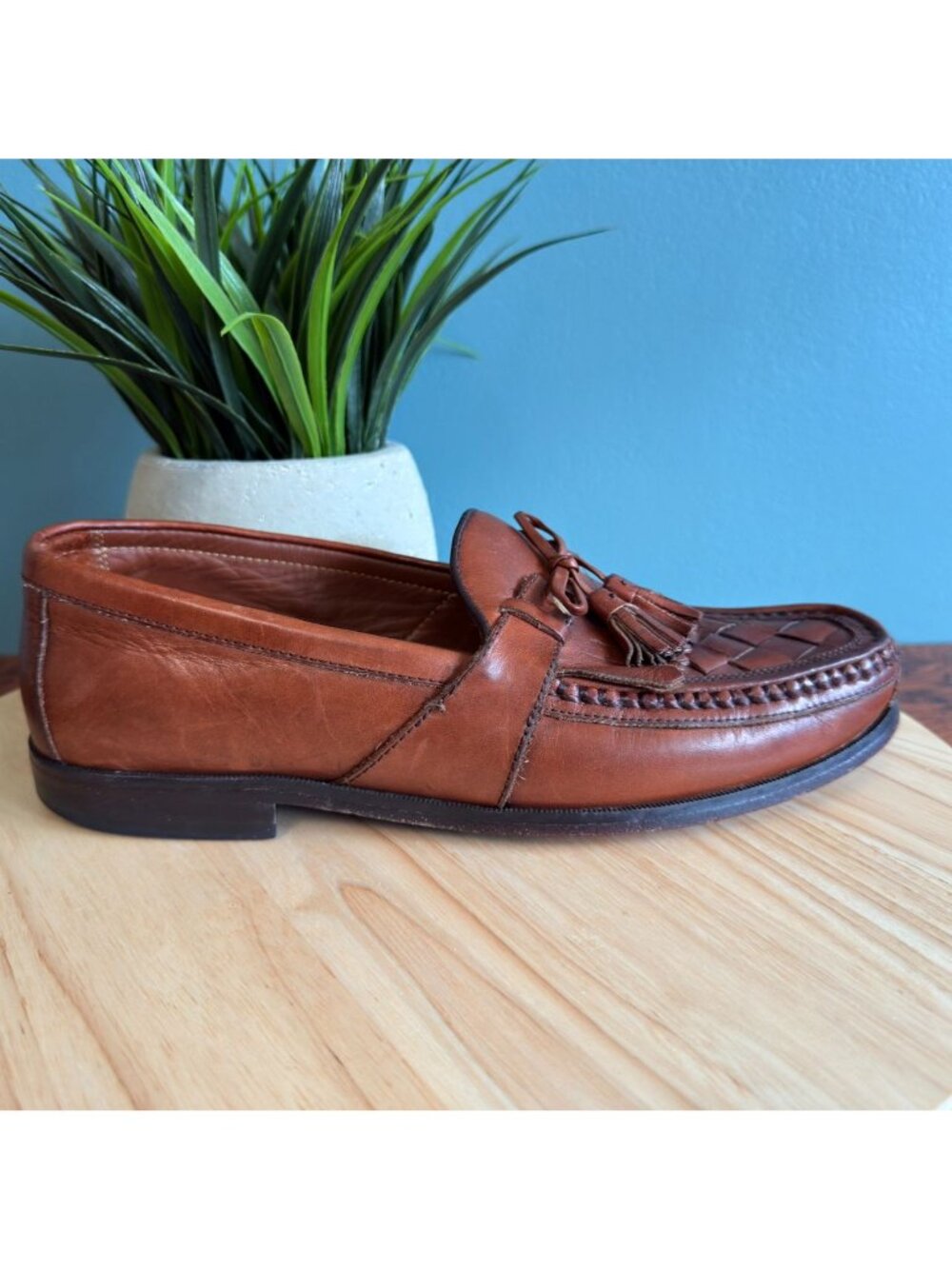 Johnston & Murphy Mens 9.5 Halsey Loafer Woven Leather Tasseled Cognac Brown - Picture 2 of 9